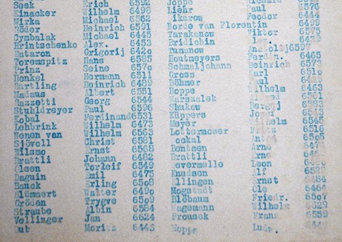 Utdrag fra protokoll med navn på norske fanger