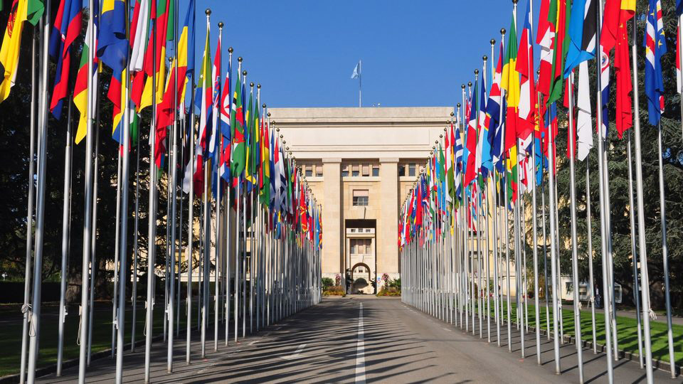 Flaggalleen med medlemslandenes flagg foran FN-bygningen Palais des Nations i Genève