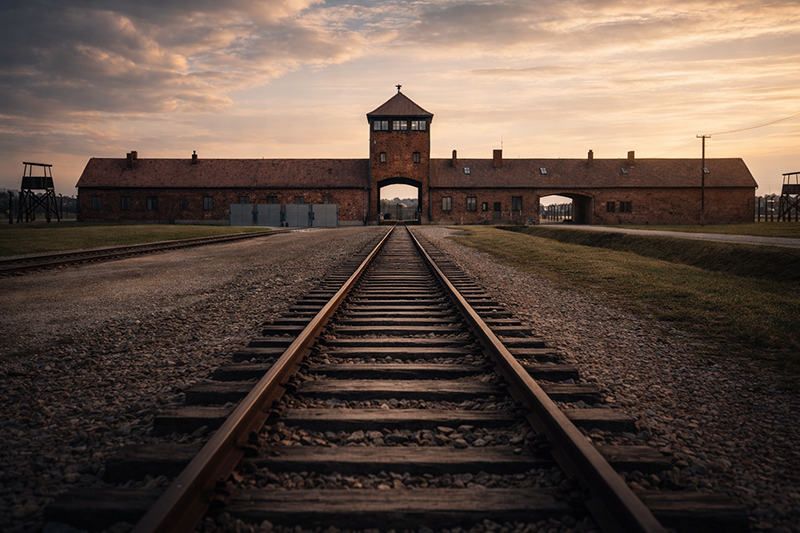 Jernbanesporet og portbygningen i Auschwitz II-Birkenau