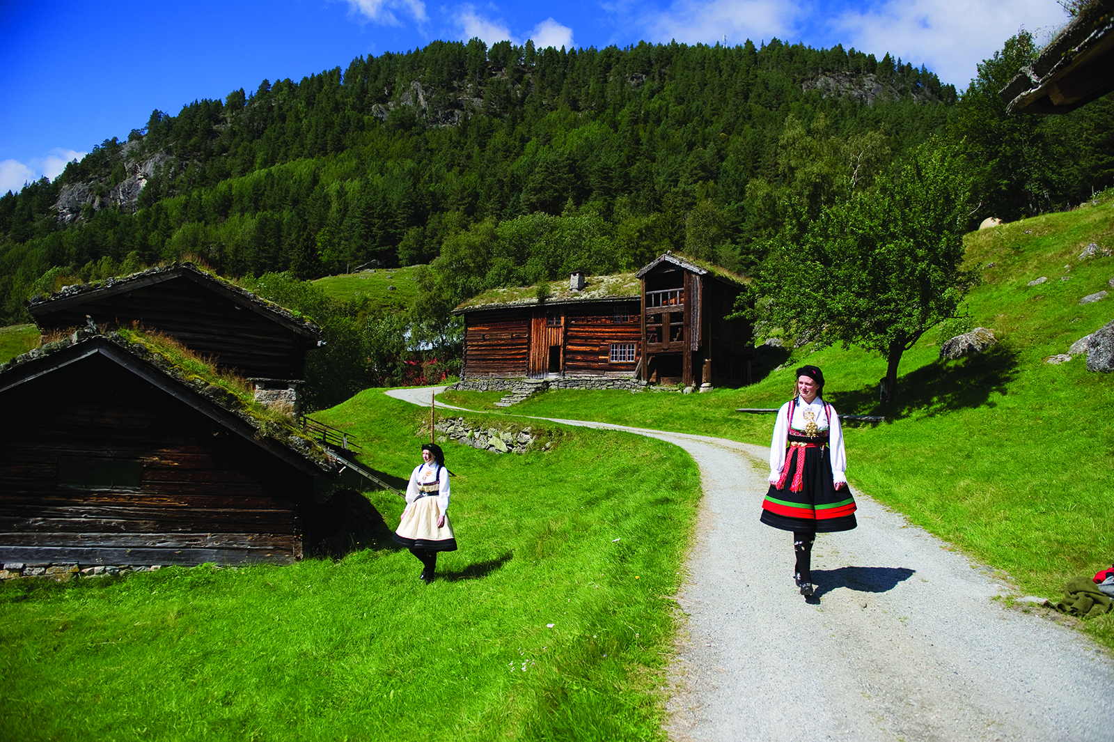 Setesdalskultur med tradisjonelle bygninger og folkedrakter