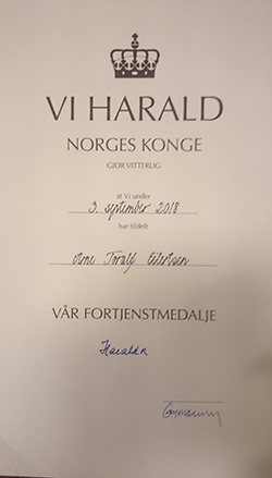Diplom Kongens Fortjeneste medalje Til Arne Eilertsen